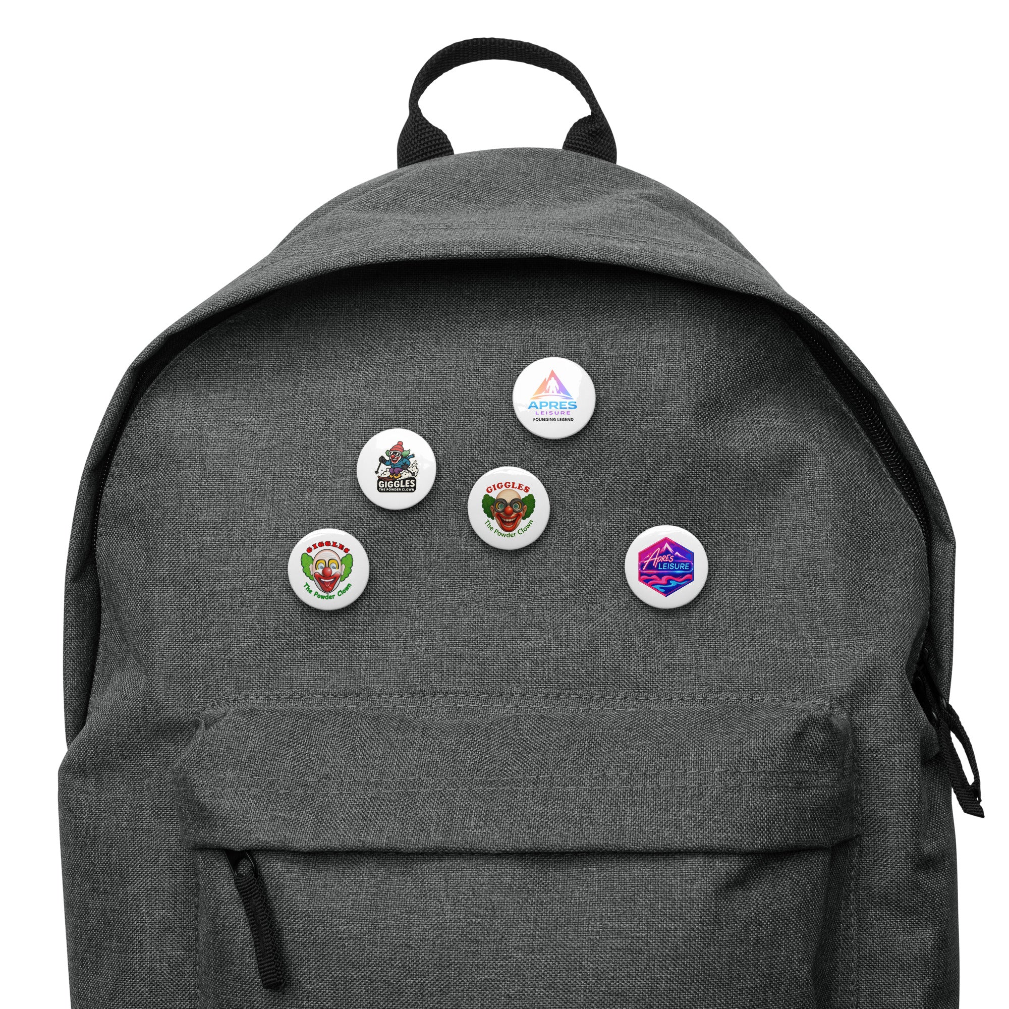 Flat-lay product display of the Apres Leisure Vanguard OG Button 5-Pack accessory set featuring ecosystem graphic assets on backpack (sizes vary).