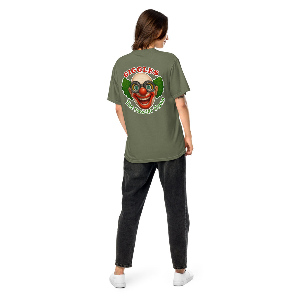 back view of the heavyweight garment-dyed Apres Leisure Terrain Tee in Military Green, featuring a relaxed-fit construction.