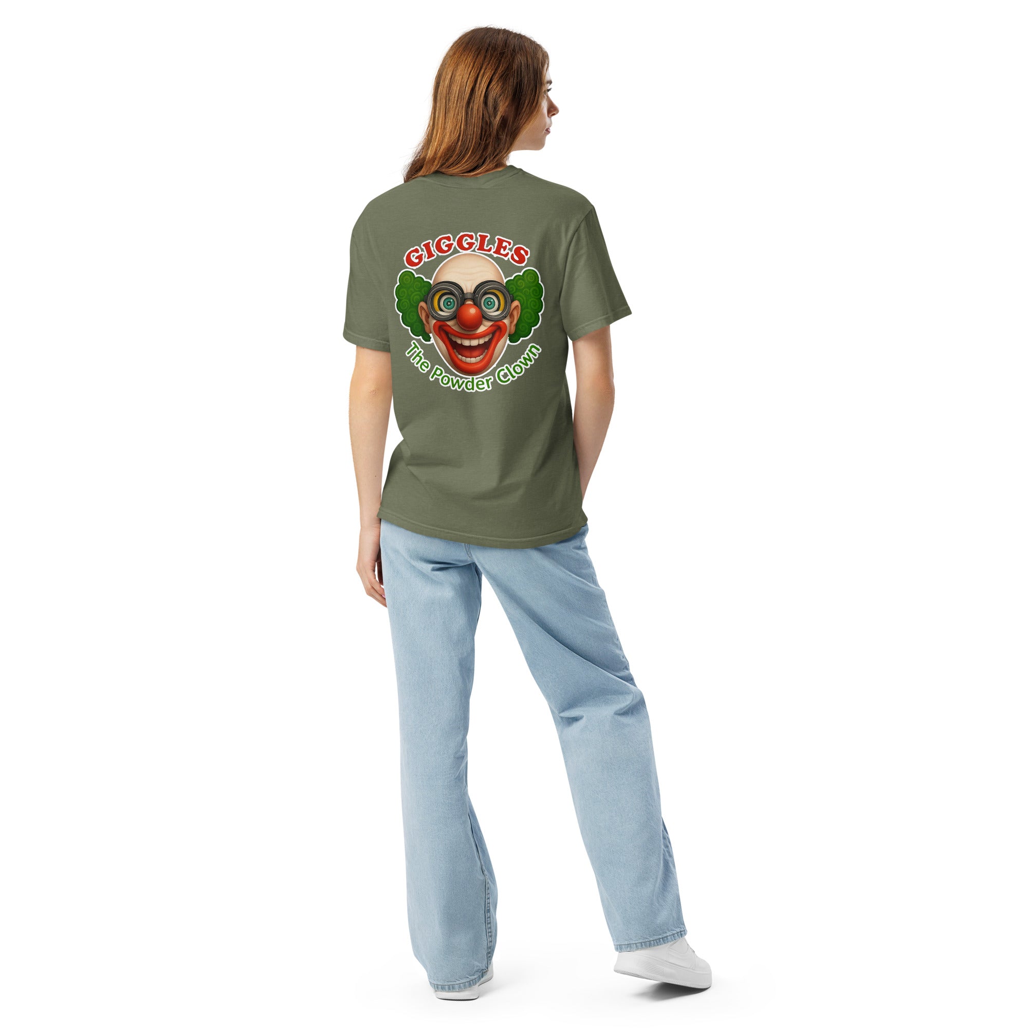 back view of the heavyweight garment-dyed Apres Leisure Terrain Tee in Military Green, featuring a relaxed-fit construction.